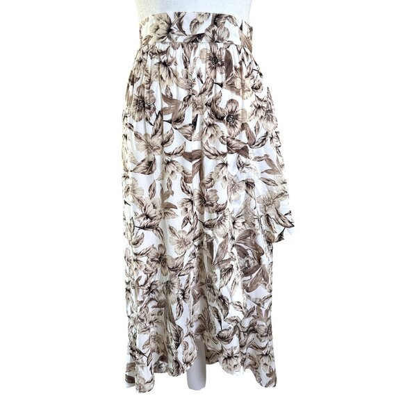 J Jill Creme Brown Floral Skirt Size Medium Hi Low Midi Faux Wrap Elastic Waist - Picture 2 of 15